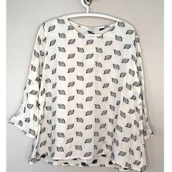 Cut Loose NWT Leaf Print Cotton Gauze Top Oversize XS Boho Relaxed Natural USA - Picture 2 of 9